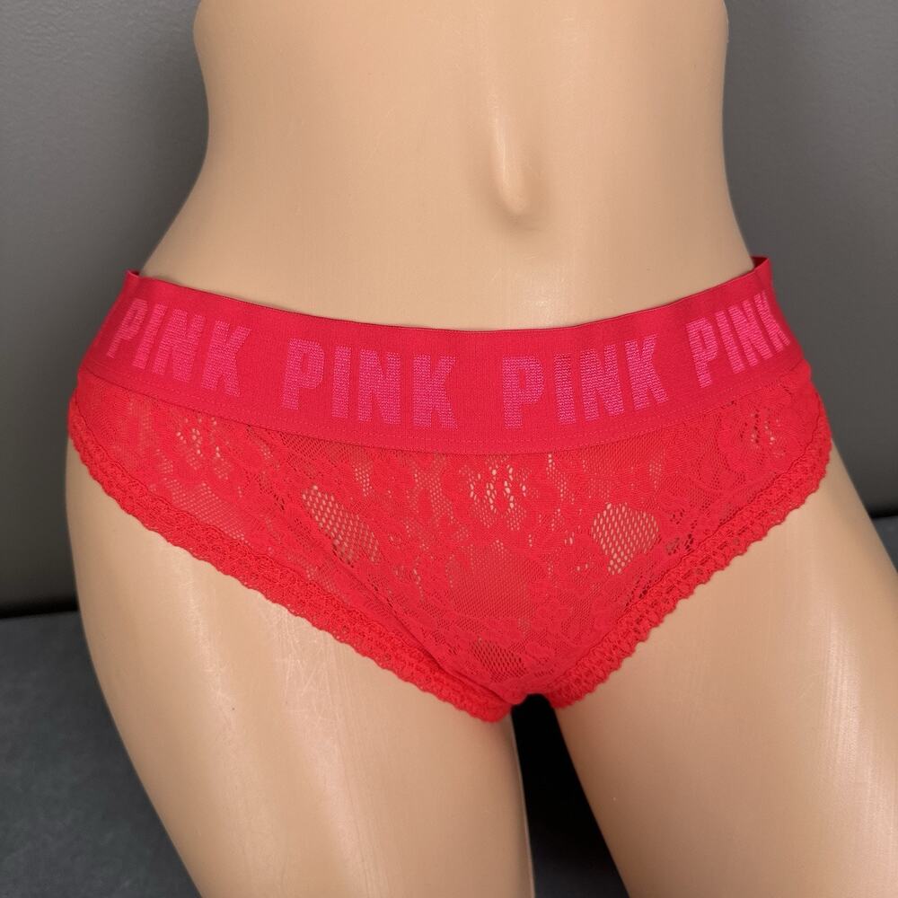 PINK Victoria's Secret Thong Panties Size Large Bright Lipstick Red Lace New NWT
